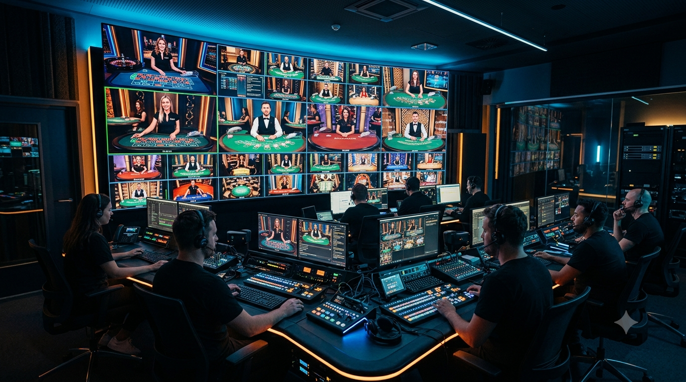 Infografis perbandingan provider live casino populer yang menampilkan perbandingan studio siaran langsung, fitur antarmuka, dan kualitas video